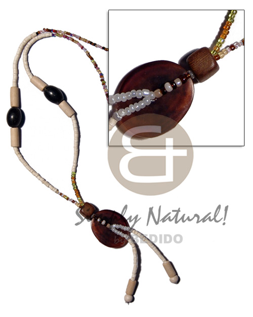 2-3mm tassled bleach white coco heishe  glass beads/wood beads & oval 25mmx30mm black tab - Coco Necklace