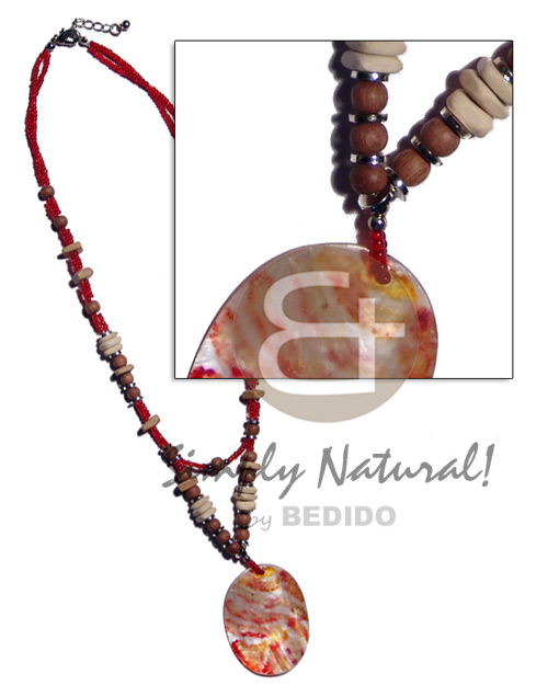 45mm oval hammershell  painted design  2 layer glass beads, wood beads, coco sq. cut combination - Coco Necklace