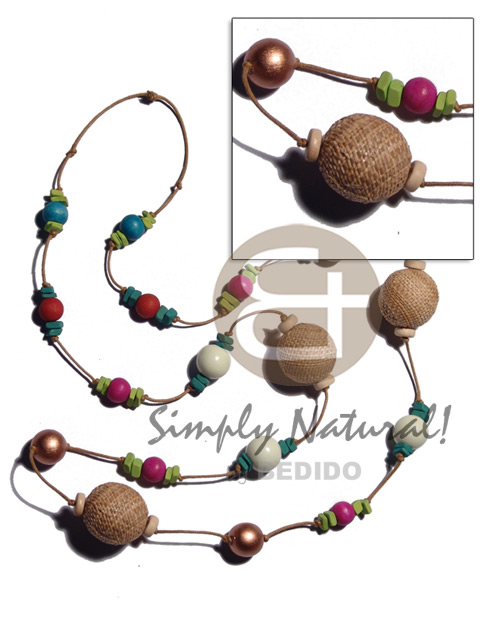 25mm abaca wrapped wood beads  multicolored wood beads and coco square cut accent in tan wax cord / 42 in - Coco Necklace
