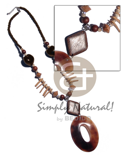 4-5mm brown coco Pokalet.  brown kukui nuts, coco sticks, buri tiger seed, asstd. wood beads and dangling diamond 35mmx40mm palmwood & 80mmx55mm oval ring black tab shell / 32 in. including pendant - Coco Necklace