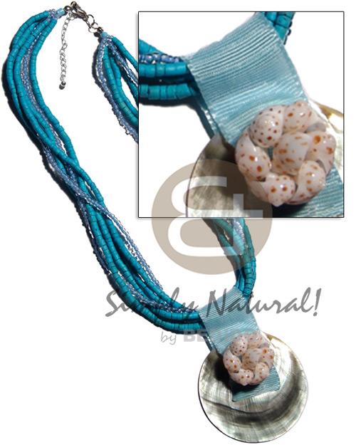 6 rows- aquamarine 2-3mm coco heishe, glass beads  50mm round blacklip pendant  riboon and shell accent - Coco Necklace
