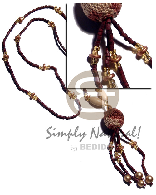 2-3mm coco heishe in reddish brown tone  bronze 7-8mm coco Pokalet. & gold wood and glass beads accent  tassled 25mm wrapped wood beads / 32 in. - Coco Necklace