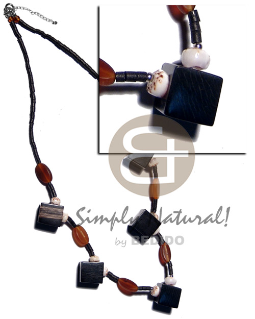 2-3mm black coco heishe  diced 18mmx18mm black carabao horn and amber horn accent - Coco Necklace