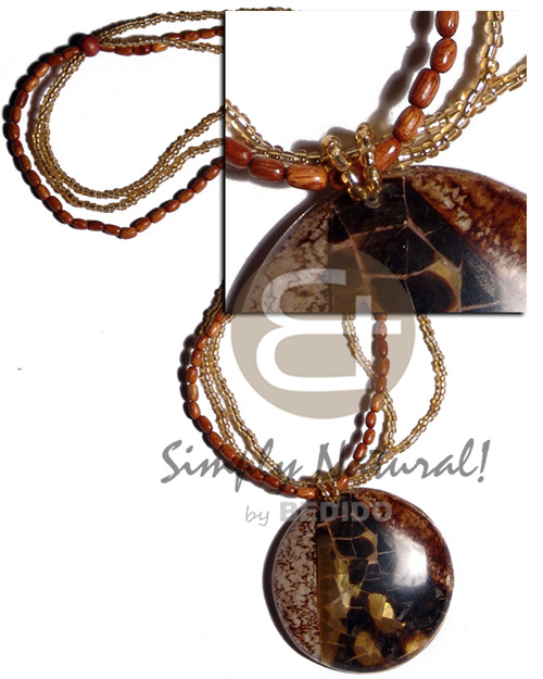 3 rows glass beads & wood ricebeads combination  round 65mm laminated coco  brownlip cracking / 26in. - Coco Necklace