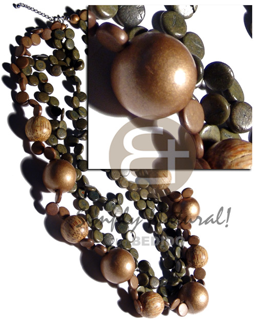 3 rows 10mm coco sidedrill in olive green tones  25mm round nat. wood beads in subdued gold and 20mm palmwood beads / 26. - Coco Necklace
