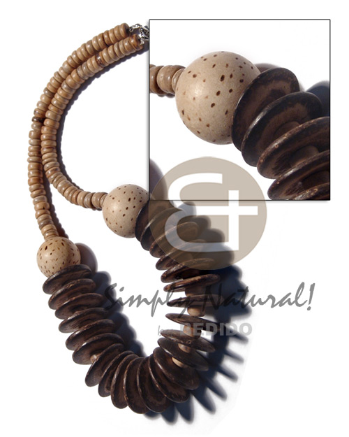7-8mm coco Pokalet. nat. white & 25mm coco disc tiger combination  25mm round wood beads accent / 20 in. - Coco Necklace