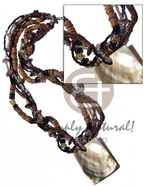 4 layers intertwined cut beads/4-5mm coco Pokalet. tiger/2-3mm coco heishe nat. brown   agsam bamboo & hammershell sq. cut accent and 40mm square blacklip pendant / 18 in. - Coco Necklace
