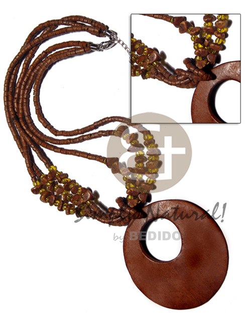 3 layers 2-3mm coco heishe  buri tiger nuggets and round 60mm wood oendant in golden brown tones - Coco Necklace