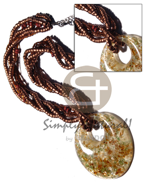 5 layers intertwined 4-5mm coco Pokalet. in metallic copper tones   glass beads and 75mm round laminated broken glass clear pendant / 20 in. - Coco Necklace