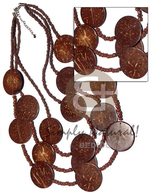 3 graduated layers 16in/17/in/18in brown cut beads  15 pcs. round polished flat coco tiger combination - Coco Necklace