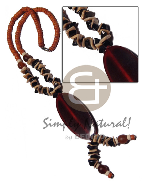 4-5mm rust coco Pokalet  shell and resin nuggets comb  tassled 60mmx28mm red thin oval horn pendant / 16in neckline only - Coco Necklace