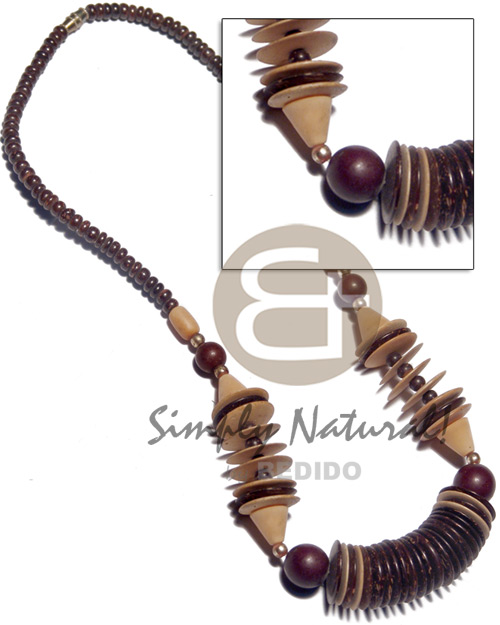15mm nat. brown/nat. white flat coco disc  wood beads and 4-5mm coco Pokalet combination - Coco Necklace