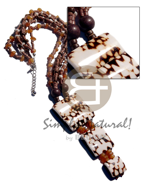 3 layers 2-3m mocca coco heishe  white clam and anber horn nuggets combination and dangling 3 pcs. square cowrie tiger shell  ( 35mm/30mm20mm ) double bar  resin backing / 18 in. neckline only - Coco Necklace