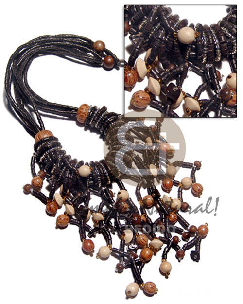cleopatra / 5 rows 2-3mm black coco heishe   clear glass beads, nat. wood and  palmwood beads combination / 18in plus 5 in. tassle - Coco Necklace