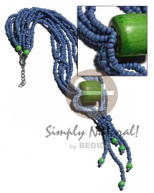 tassled 5 layers 2-3mm coco Pokalet   23mmx23mm cylinder nat. wood accent / royal blue and forest green tones / 16in plus 3.5in tassles - Coco Necklace