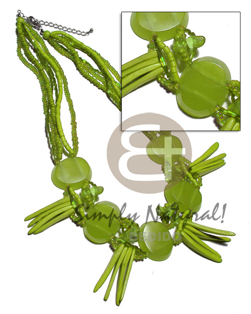 6 layers 2-3mm coco Pokalet and heishe, glass and cut beads  5 pcs. 30mmx25mm clear oval resin ( 7mm thickness) and 1.5in coco sticks accent / lime and green tones /  18 in. - Coco Necklace