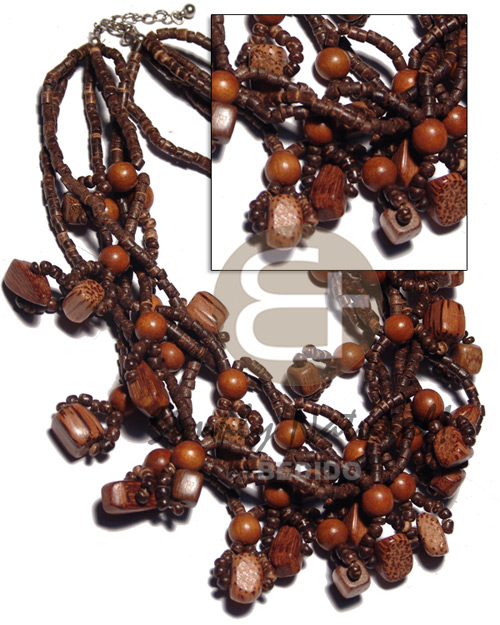 6 rows 2-3mm nat. brown coco heishe  asstd. looped bayong and palmwood beads / 16in - Coco Necklace