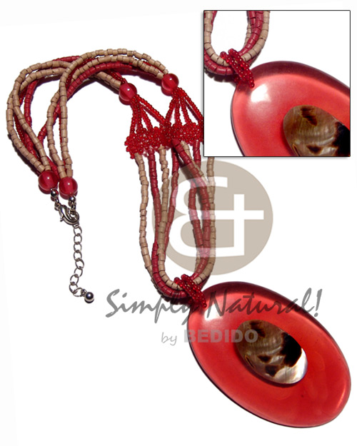 4 rows 2-3mm maroon coco heishe and nat. white combination  35mmx20mm oval blacklip tiger laminated in 78mmx50mm oval clear red resin / 16in - Coco Necklace