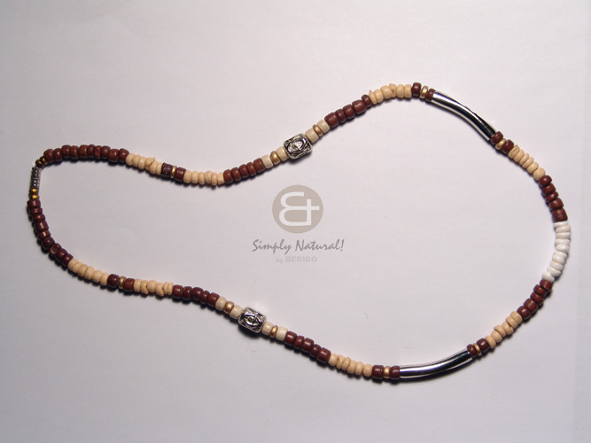 3 layers 2-3mm coco heishe 30mm robles rings/nat. white wood/mahogany accent and matching crushed coral stones in resin cylinder bars and 60mmx40mm teardrop pendant  dangling 20mm MOP ring / 24in - Coco Necklace