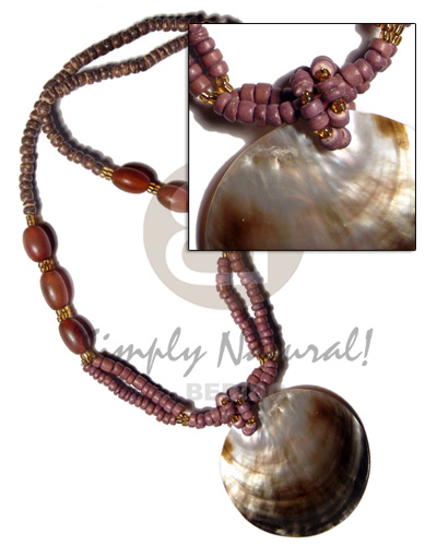 4-5mm nat brown coco Pokalet  oval amber horn beads accent  60mm round blacklip pendant in 2 rows 4-5mm old rose tone coco Pokalet - Coco Necklace