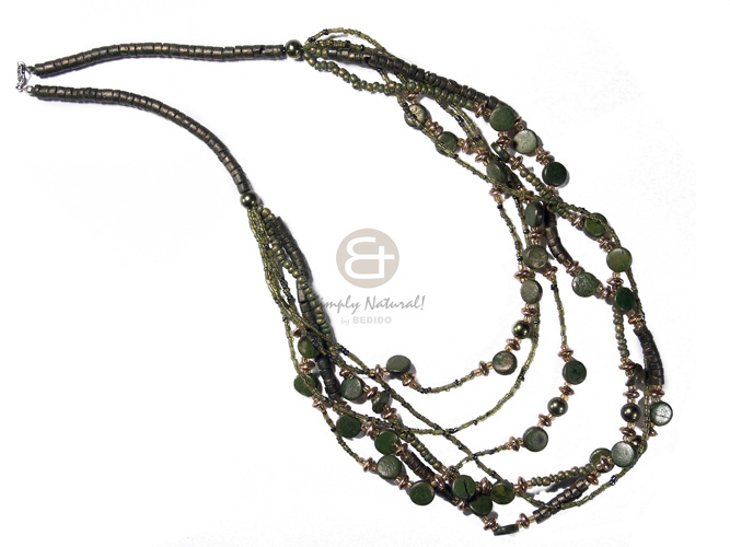 6 graduated layers 4-5mm coco heishe, 2-3mm coco Pokalet . 1omm coco sidedrill  cut beads accent / gold and metallic olive green tones  / 20in/22in/24in/25in/26in/28in - Coco Necklace