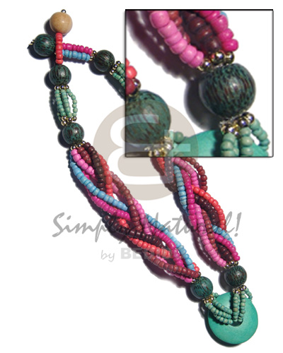6 layers intertwined 4-5mm coco Pokalet  15mm round wood beads and gold ball rings  35mm flat wood disc ring accent / green,pink,fuschia,orange,reddish brown combination / 18in - Coco Necklace
