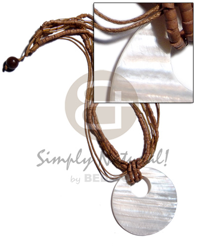 45mm round nat. kabibe shell pendant on 2 layers 2-3mm coco heishe/2layers wax cord/2layers cut glass beads /brown tones - Coco Necklace