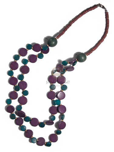 4-5mm reddish brown coco Pokalet  2 graduated rows of 10mm/15mm coco sidedrill combination and round wood beads accent / violet/aquamarine/gold tones /  2oin/24in - Coco Necklace