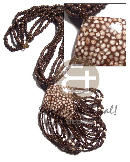 4 layers 4-5mm coco Pokalet na. brown  dangling laminated white mongo shells  brown resin and coco backing, metallic brown beads accent / 18in plus 2 in. dangling loops - Coco Necklace