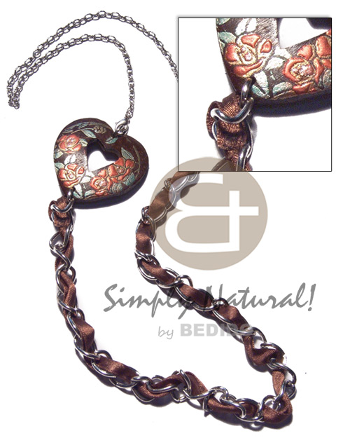 45mm coco heart nat.brown  embossed handpainting on metal chain  brown ribbon accent / 27in /  lobster lock - Coco Necklace