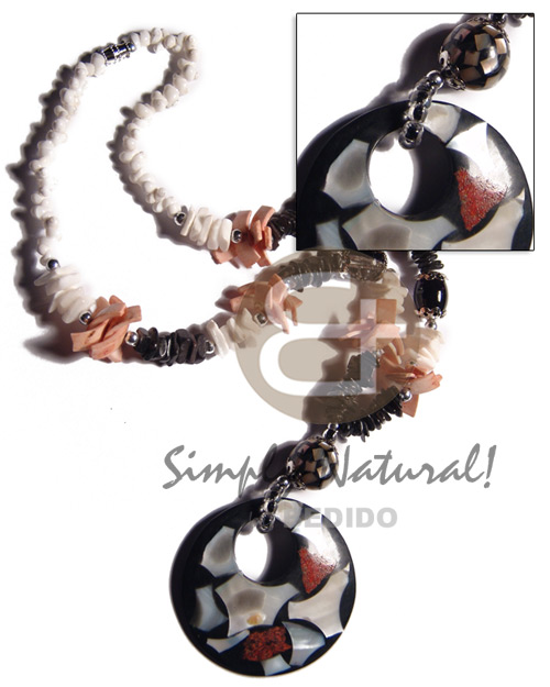 black coco sq. cut / white rose/pink luhuanus and white mongo shells combination  45mm round ( 18mm inner hole) black resin  laminated shell chips and 15mm brownlip mosaic ball / 18in  barrel lock - Coco Necklace