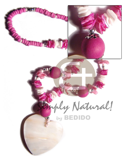 4-5mm bright pink coco Pokalet   white rose shells in pink tone, glass beads  and matching 20mm round wood beads combination  50mmx50mm heart kabibe shell pendant - Coco Necklace