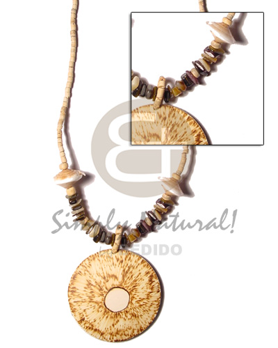 2-3 coco heishe bleach/brown lip square cut and sundial shell  50 mm burning sun round coco pendant - Coco Necklace