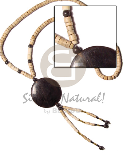 4-5 coco heishe nat/ wood beads/  35mm black horn round flat and tassles - Coco Necklace