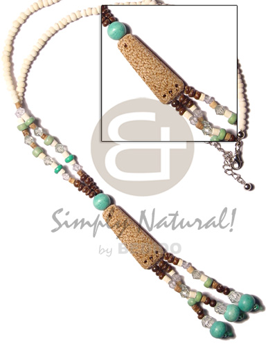 3 tassle 2-3 coco and mahogany  pastel green wood beads  and acrylic crystals - Coco Necklace