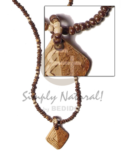 diamond 2 faced coco pendant  burning/ 2-3 coco Pokalet nat brown and beads - Coco Necklace
