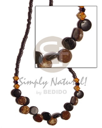 2-3 black coco heishe  blk/tiger coco sidedrill center accent/acrylic crytals-ext. chain - Coco Necklace