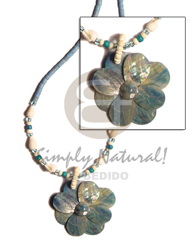 pastel blue 2-3 coco heishe  nassa white and cracking blue hammershell flower - Coco Necklace