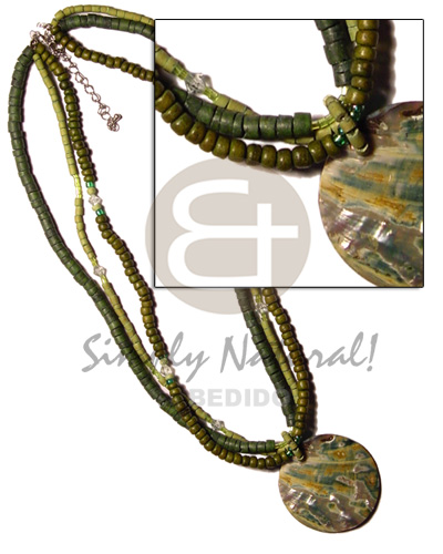 3 layered coco Pokalet in green tones/acrylic crystals and paua round shell pendant - Coco Necklace