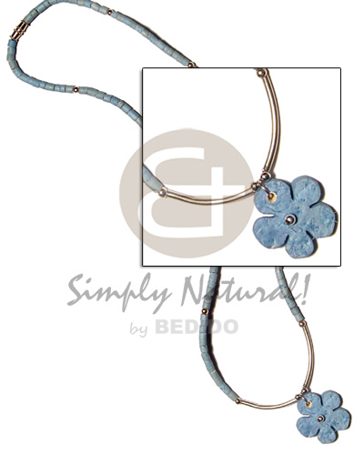 2-3mm coco heishe pastel blue  metal tube and blue coco flower pendant - Coco Necklace