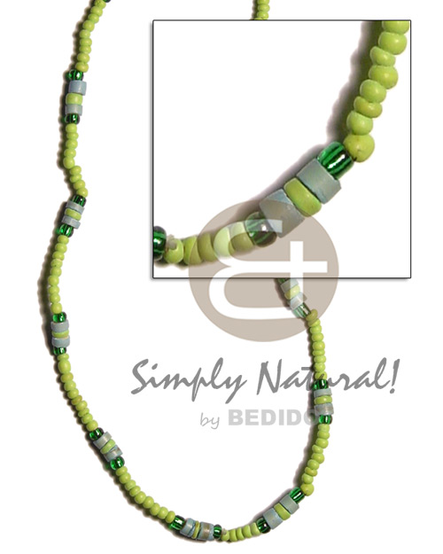 2-3mm neon green  4-5mm coco heishe light blue combination coco pokalet/glass beads - Coco Necklace