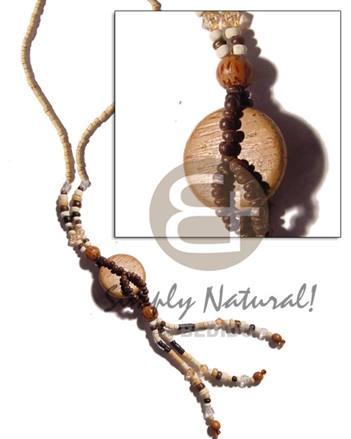 3 tassle 2-3mm & 4-5mm coco heishe/Pokalet nat. brown/nat.white/black/bleach  palmwood disc & acrylic crystals - Coco Necklace