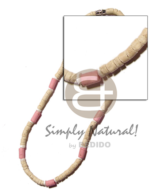 pink wood tube  4-5 coco heishe  bleach and white clam alt. - Coco Necklace