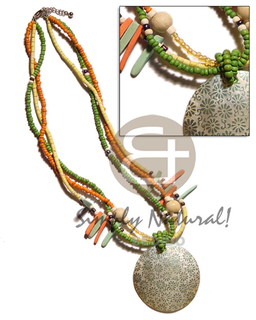3 rows 2-3mm coco Pokalet. yelloorange /green  coco sticks,wood beads & 40mm handpainted hammershell round pendant - Coco Necklace