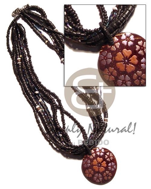 7 rows 2-3mm & 4-5mm coco Pokalet./heishe black  glass beads & 50mm round coco handpainted pendant - Coco Necklace