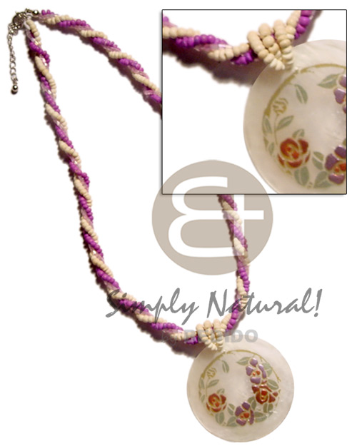 twisted 2-3mm coco Pokalet. lavender/bleach/cut beads  40mm handpainted capiz round pendant - Coco Necklace