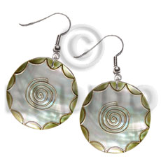 dangling 35mm round kabibe shell, handpainted, embellished  embossed metallic gold line accent - Embossed Art Deco Earrings