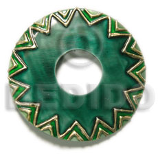handpainted and colored 45mm donut ring  15mm hole kabibe shell pendant embellished  elevated /embossed metallic paint accent lines / green and gold tones - Embossed Art Deco Pendants