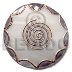 handpainted and colored round 55mm kabibe shell pendant embellished  elevated /embossed metallic paint accent lines / nat. white, gray and gold tones - Embossed Art Deco Pendants