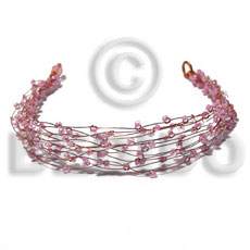 8 rows copper wire cuff bracelet  pastel pink glass beads - Glass Beads Bracelets